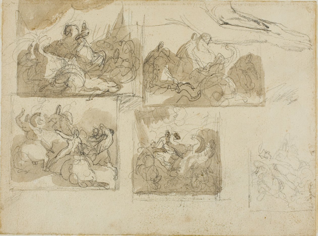 Skizzen einer Kavallerieschlacht und die Vorderpfoten eines Hundes von Jean Louis André Théodore Géricault