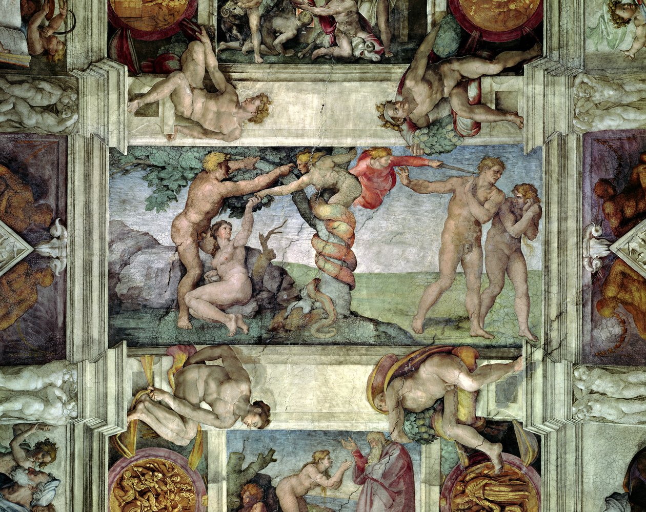 Sixtinische Kapelle Decke: Vertreibung von Adam und Eva aus dem Garten Eden (vor der Restaurierung) von Michelangelo Buonarroti