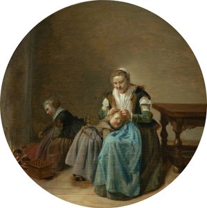 Mutter kümmert sich um ein Kind im Inneren, mit einem anderen Kind am Kamin von Dirck Hals