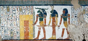 Die drei Genien, die das zweite Tor des Reiches des Osiris bewachen, Totenbuch, Kapitel 144, Detail aus den Fresken in der Grabkammer von Nefertari, Tal der Königinnen, Luxor, Theben. Ägyptische Zivilisation, Neues Reich, Dynastie XIX