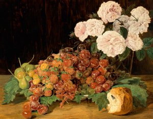 Stillleben mit Rosen, Erdbeeren und Brot