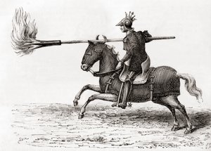 Ein mittelalterlicher Ritter mit einer Feuerlanze, eine der ersten Schießpulverwaffen der Welt, aus Les Merveilles de la Science, veröffentlicht um 1870 (Gravur)