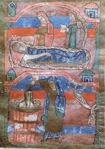 Ms 250 Wassersüchtige Frau geheilt durch die Bäder von St. Radegund, aus Das Leben von St. Radegund