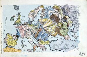 Postkarte, die die Länder Europas als Frauen darstellt