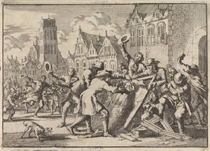 Aufruhr in Dordrecht, bei dem ein Bild von Cornelis de Witt vom Volk zerstört wird, 1672