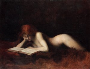 Liegende nackte Frau, die ein Buch liest