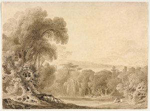 Figuren, die an einem See in einer bewaldeten Landschaft sitzen, 1820