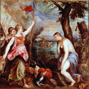 Spanien zur Hilfe der Religion: Allegorie des Sieges der Truppen von Papst Pius V. (einschließlich Spanien) über die Flotte des Osmanischen Reiches in der Seeschlacht von Lepanto im Jahr 1571. Eine entblößte Frau (Religion) wird von einem Krieger, der Span