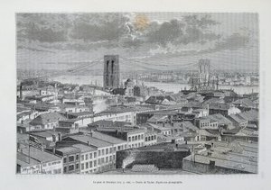 New York und Brooklyn Bridge im Bau - in „Die Weltreise“, 2. Sem. 1881