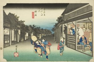 Goyu: Frauen stoppen Reisende, aus der Serie "Dreiundfünfzig Stationen des Tokaido"