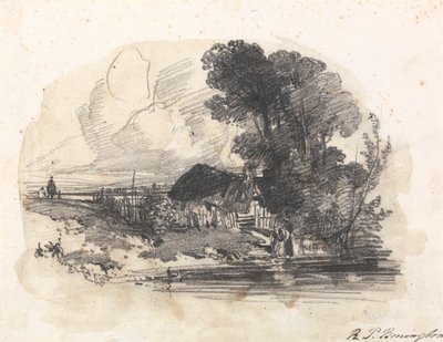 Bäume und ein Cottage an einem Fluss von Richard Parkes Bonington