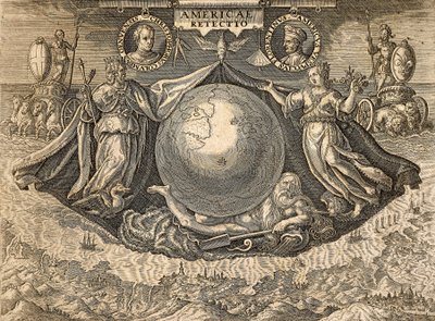 Allegorie der Westindischen Inseln oder Amerikas, mit Porträts der Seefahrer Christoph Kolumbus und Amerigo Vespucci von Theodore de Bry
