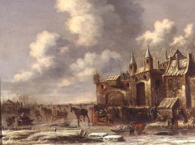 Stadtbewohner auf dem Eis bei einem Stadttor von Thomas Heeremans